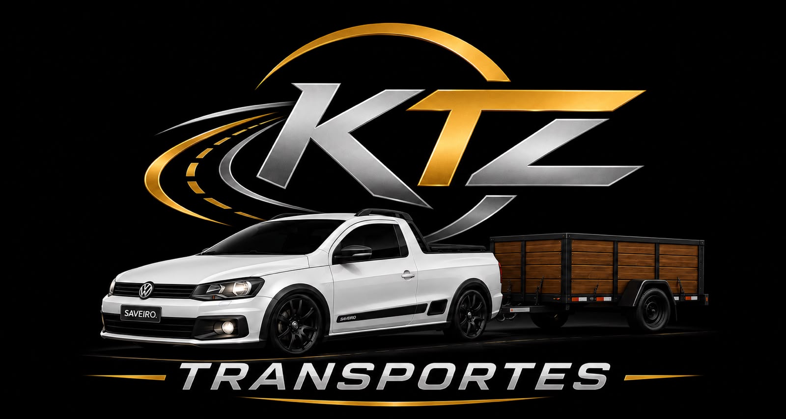 Logo original KTZ Transportes mostrando a Saveiro branca e o reboque